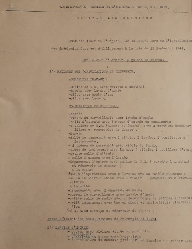 État des lieux de l’hôpital Lariboisière lors de l’installation des Américains, 22 septembre 1944 (Archives AP-HP, 600/FOSS/19)