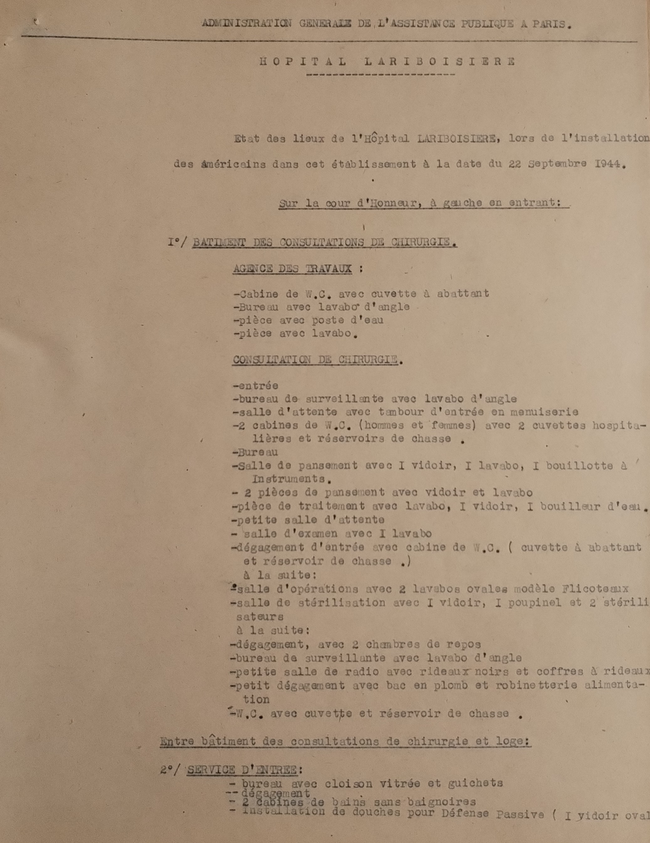 État des lieux de l’hôpital Lariboisière lors de l’installation des Américains, 22 septembre 1944 (Archives AP-HP, 600/FOSS/19)