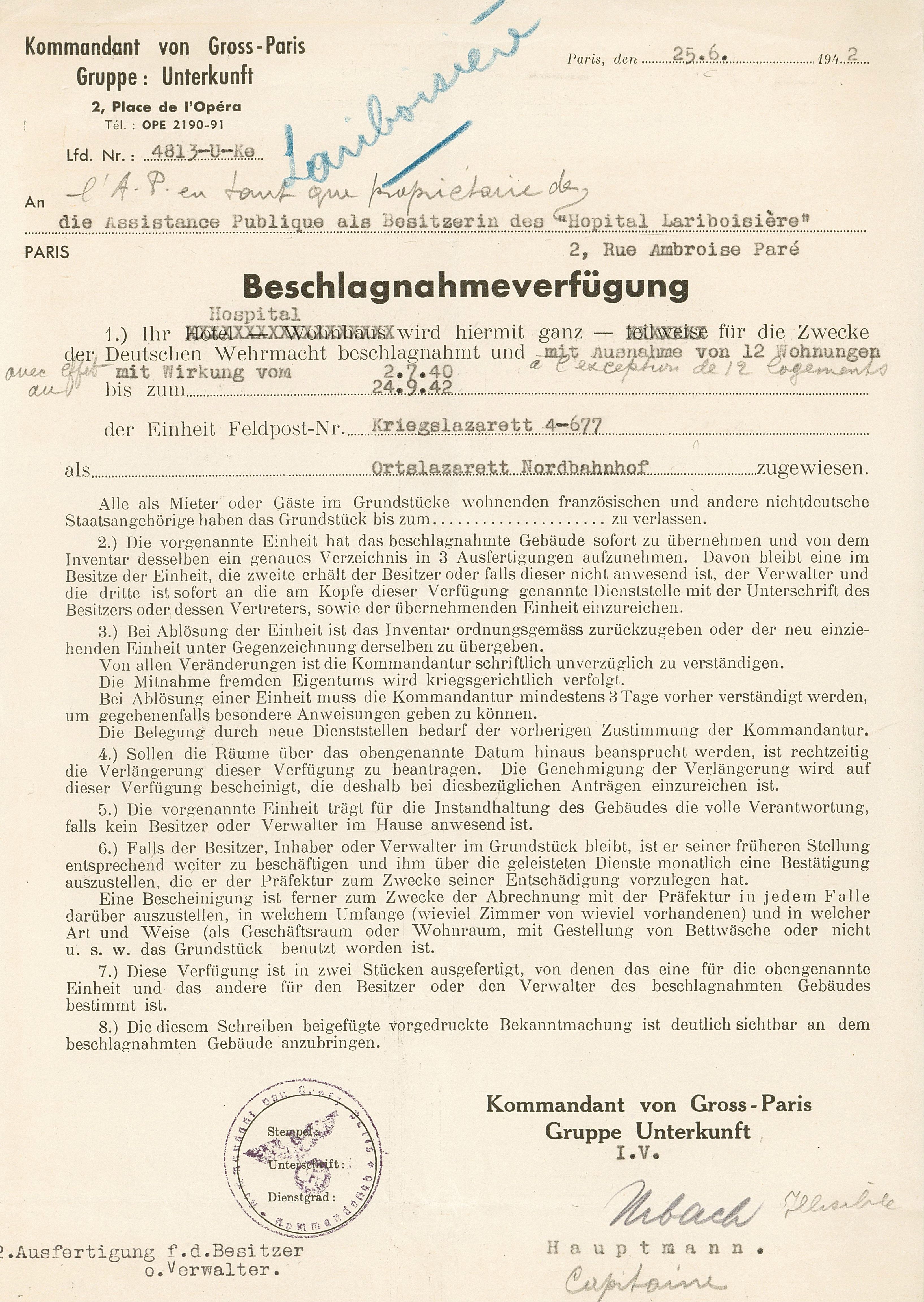 Ordre de réquisition allemand de l’hôpital Lariboisière, 25 juin 1942 (Archives AP-HP, 600/FOSS/4).