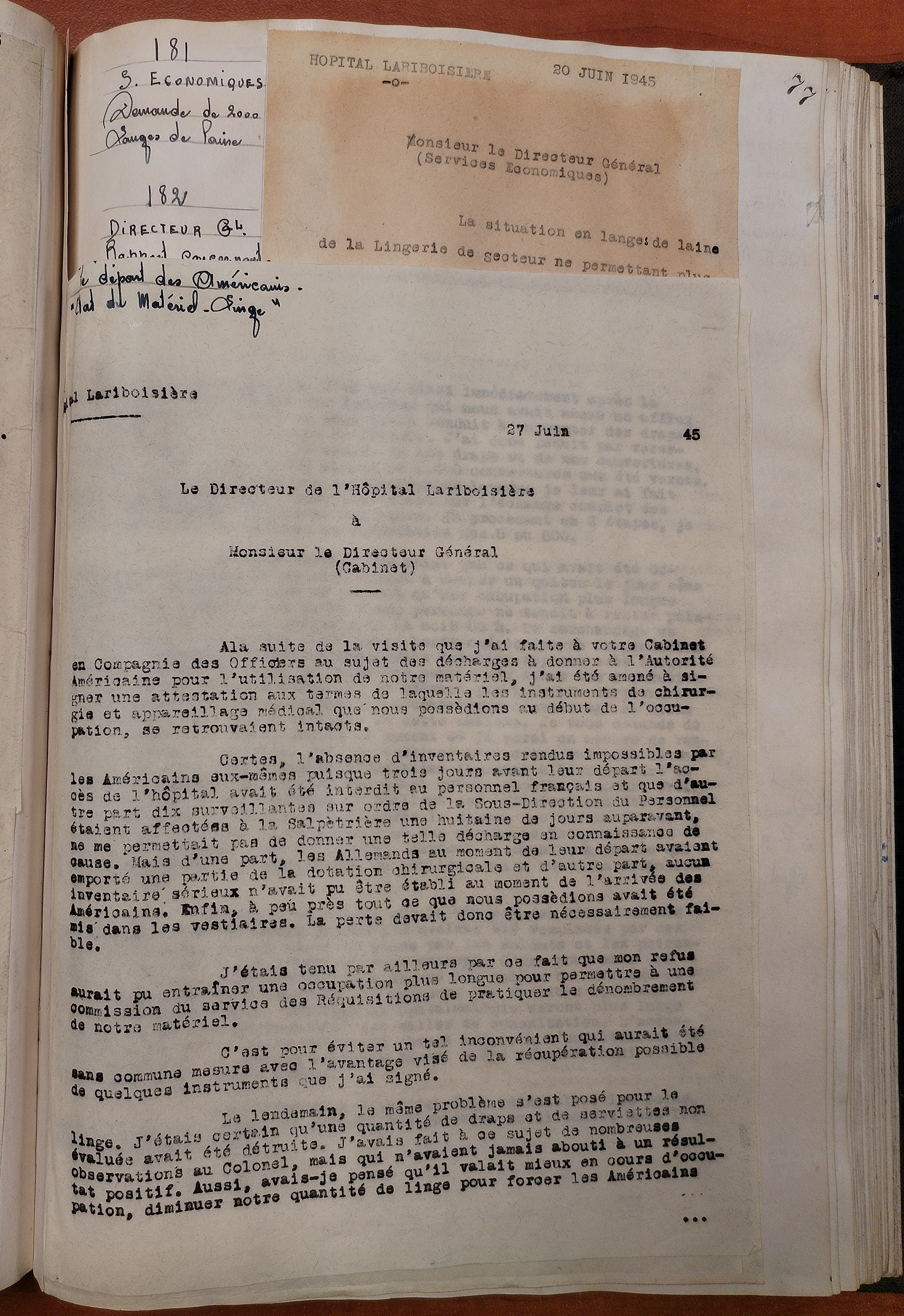 Rapports du directeur de Lariboisière au directeur général de l’AP, 14 octobre 1944 et 27 juin 1945 (Archives AP-HP, 722/W/147)