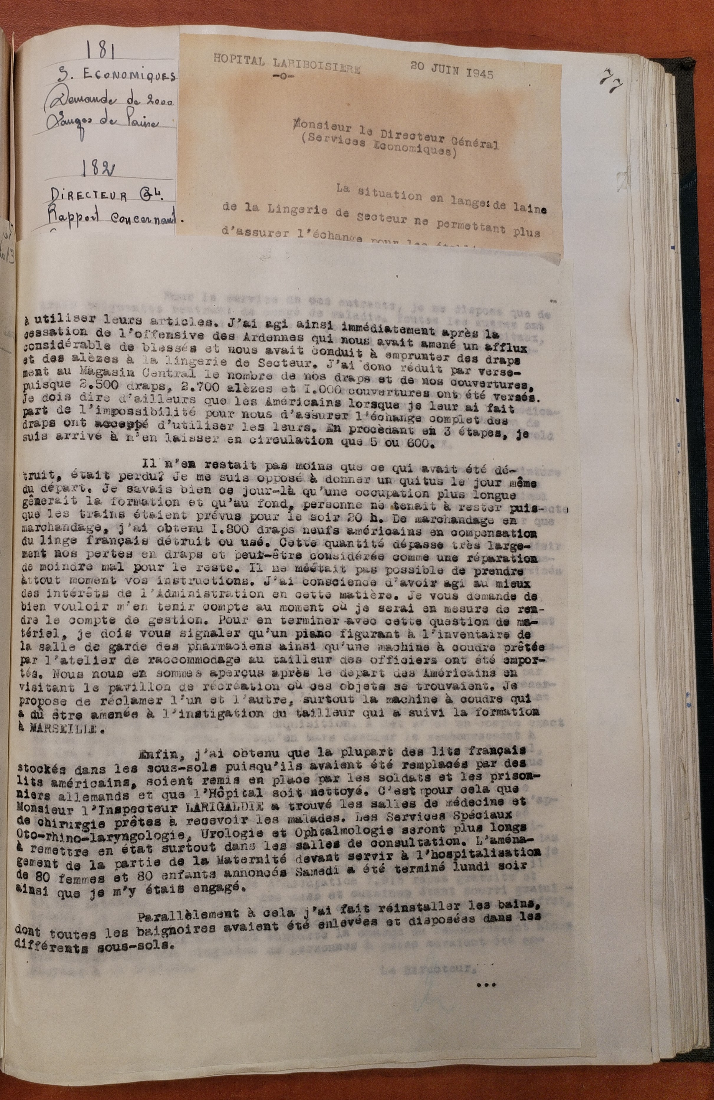 Rapports du directeur de Lariboisière au directeur général de l’AP, 14 octobre 1944 et 27 juin 1945 (Archives AP-HP, 722/W/147)