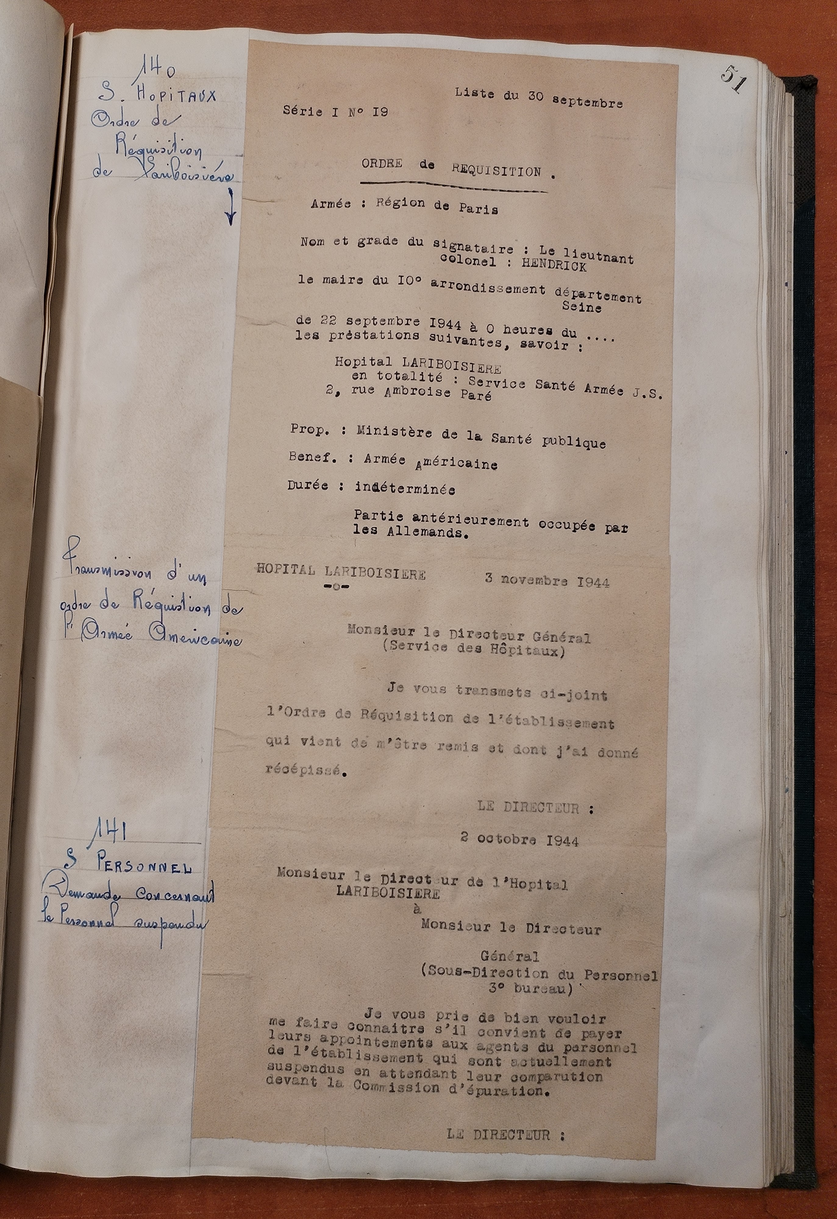 Ordre de réquisition, 30 septembre 1944 (Archives AP-HP, 722/W/147)