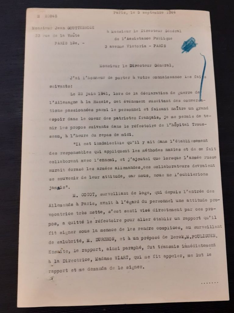 Lettre du sieur Gouttebroze relatant l’incident survenu à l’hôpital Trousseau en juin 1941, qui lui a valu son renvoi et une descente de police chez lui, 5 septembre 1944 (Archives nationales, Z/6/NL/487)