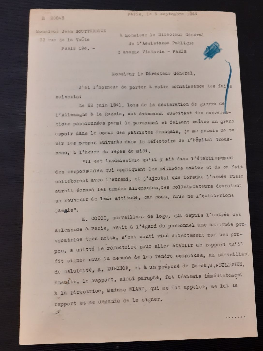 Lettre du sieur Gouttebroze relatant l’incident survenu à l’hôpital Trousseau en juin 1941, qui lui a valu son renvoi et une descente de police chez lui, 5 septembre 1944 (Archives nationales, Z/6/NL/487)