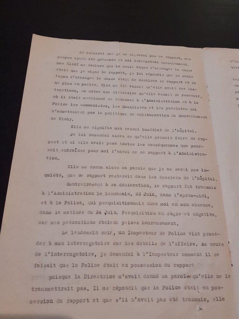 Lettre du sieur Gouttebroze relatant l’incident survenu à l’hôpital Trousseau en juin 1941, qui lui a valu son renvoi et une descente de police chez lui, 5 septembre 1944 (Archives nationales, Z/6/NL/487)
