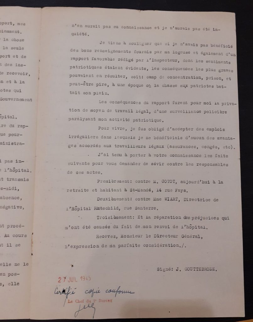 Lettre du sieur Gouttebroze relatant l’incident survenu à l’hôpital Trousseau en juin 1941, qui lui a valu son renvoi et une descente de police chez lui, 5 septembre 1944 (Archives nationales, Z/6/NL/487)