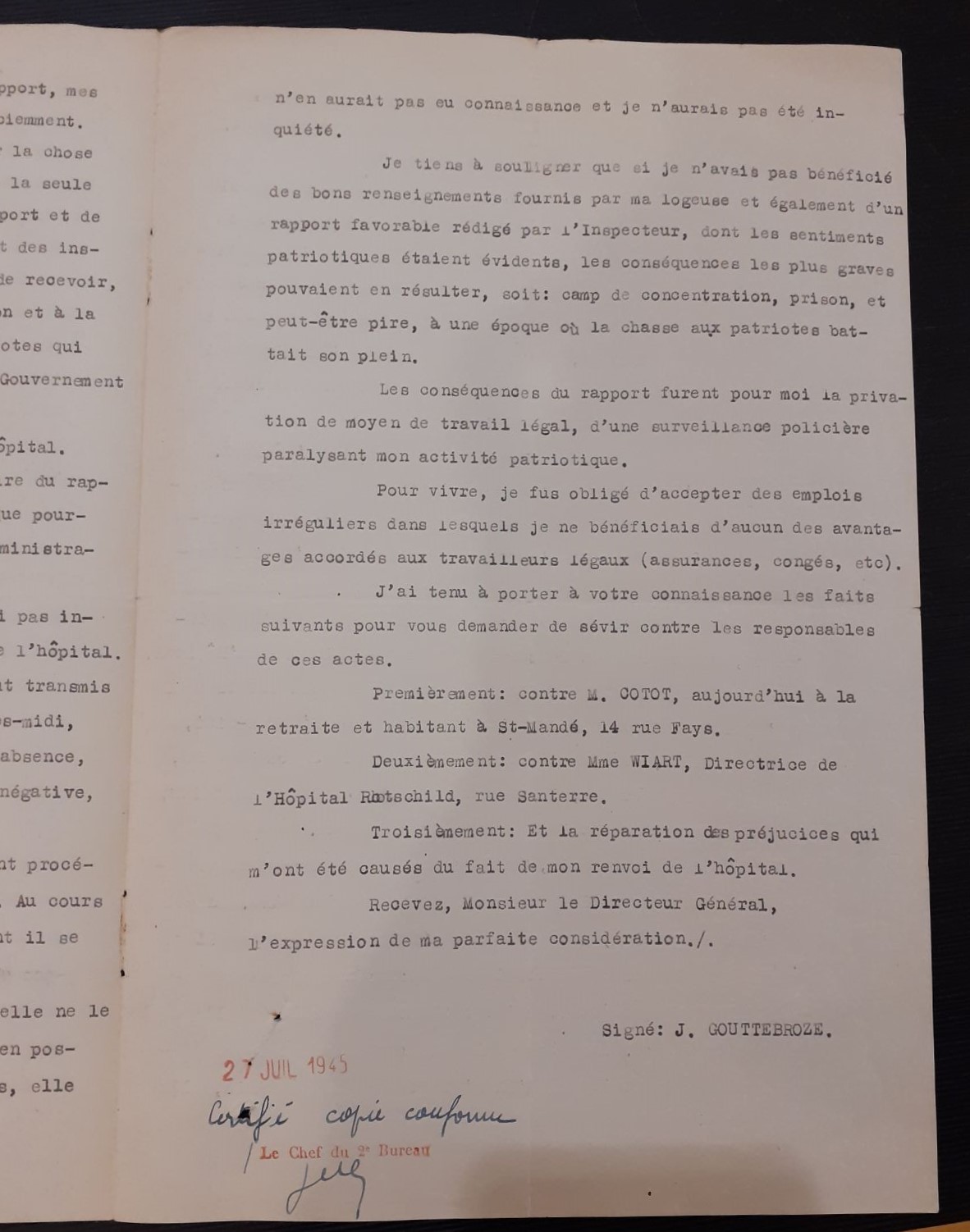 Lettre du sieur Gouttebroze relatant l’incident survenu à l’hôpital Trousseau en juin 1941, qui lui a valu son renvoi et une descente de police chez lui, 5 septembre 1944 (Archives nationales, Z/6/NL/487)