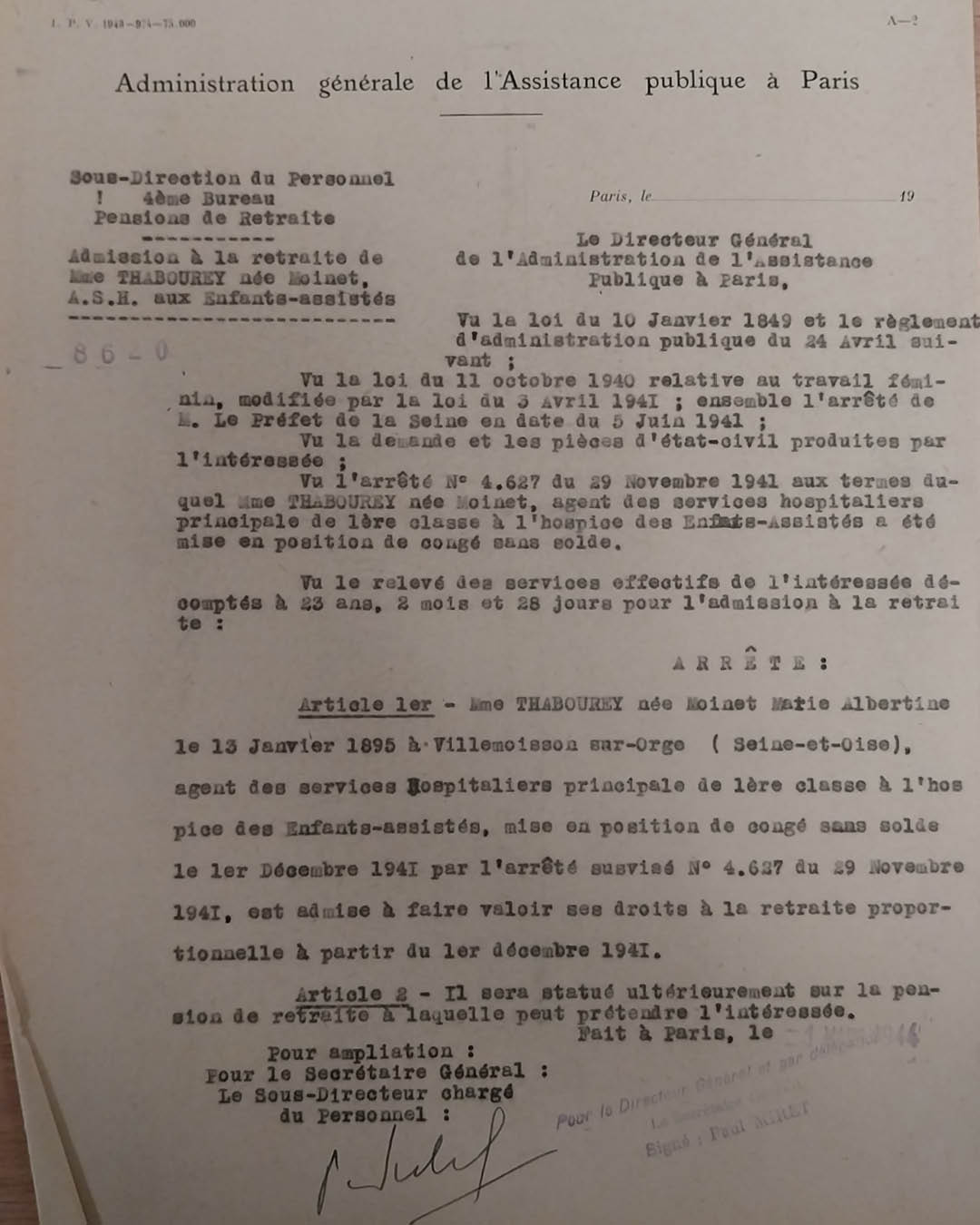 Arrêté d’admission à la retraite du 1/03/1944 (Archives AP-HP, 206/W/13/17)
