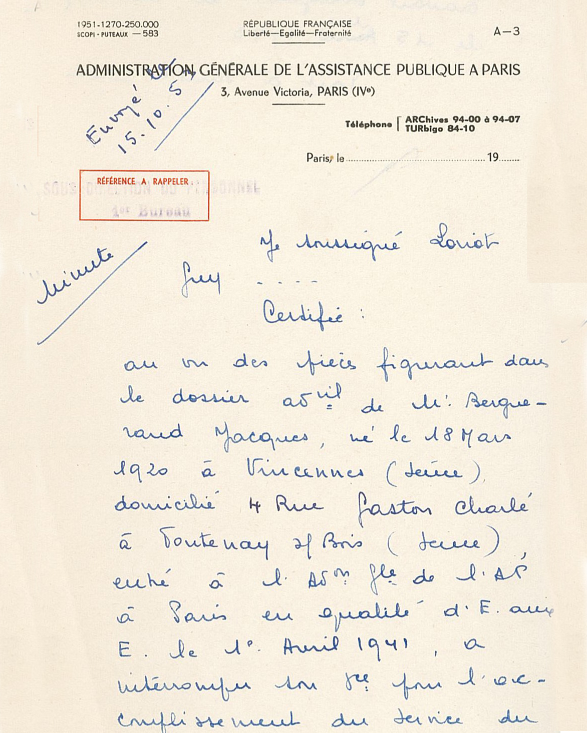 Attestation confirmant que Jacques Berguerand a bien été réquisitionné pour le service du travail obligatoire, 12 octobre 1953 (Archives AP-HP, PA/110/3)