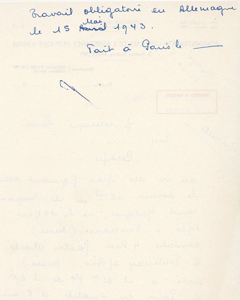 Attestation confirmant que Jacques Berguerand a bien été réquisitionné pour le service du travail obligatoire, 12 octobre 1953 (Archives AP-HP, PA/110/3)
