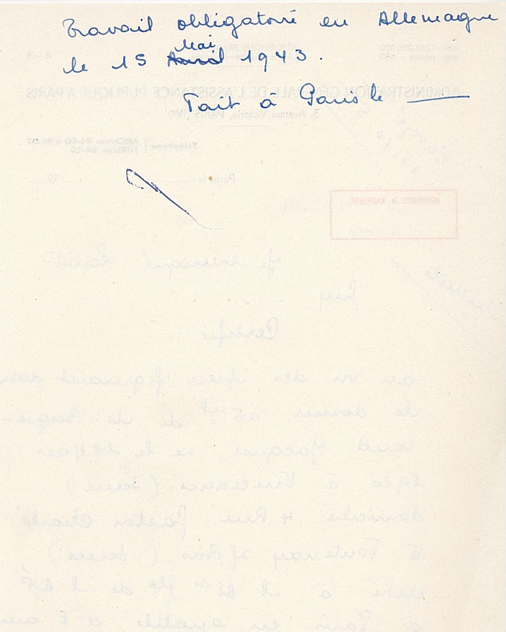 Attestation confirmant que Jacques Berguerand a bien été réquisitionné pour le service du travail obligatoire, 12 octobre 1953 (Archives AP-HP, PA/110/3)
