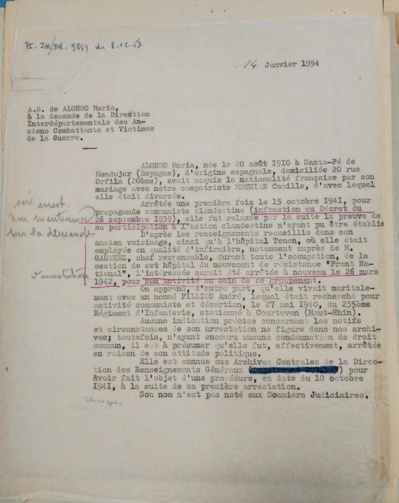 Lettre d’ Maria Alonso au directeur général de l’Assistance publique concernant sa réintégration, 14 novembre 1940 (Archives AP-HP, 22/W/5/13)