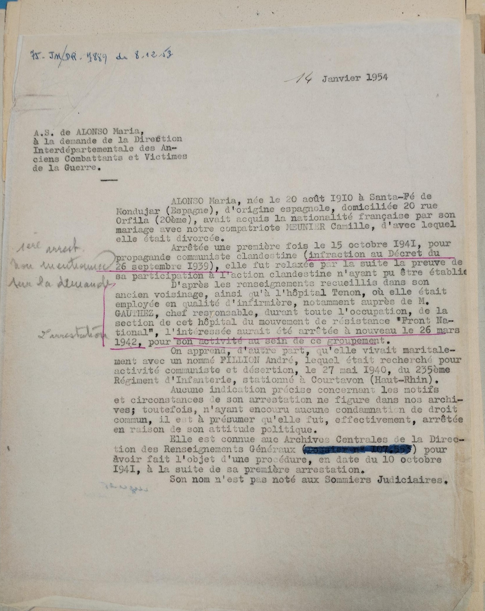 Lettre d’ Maria Alonso au directeur général de l’Assistance publique concernant sa réintégration, 14 novembre 1940 (Archives AP-HP, 22/W/5/13)
