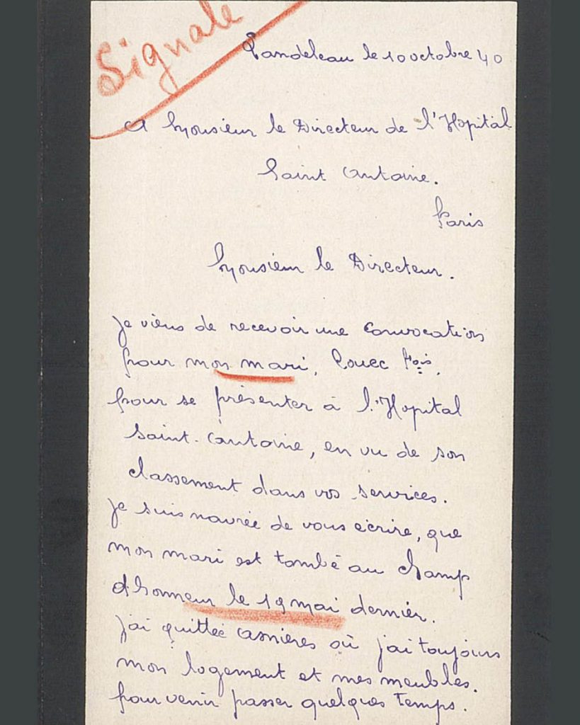 Lettre de Philomène Briand au directeur de l’hôpital Saint-Antoine concernant sa demande d’emploi, 10 octobre 1940 (PHM/201/11)