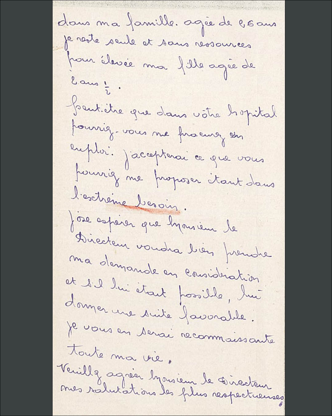 Lettre de Philomène Briand au directeur de l’hôpital Saint-Antoine concernant sa demande d’emploi, 10 octobre 1940 (PHM/201/11)
