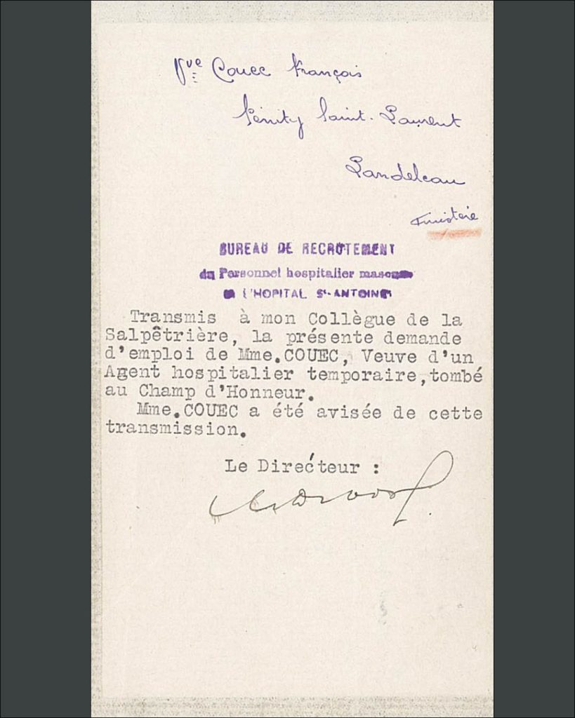 Lettre de Philomène Briand au directeur de l’hôpital Saint-Antoine concernant sa demande d’emploi, 10 octobre 1940 (PHM/201/11)