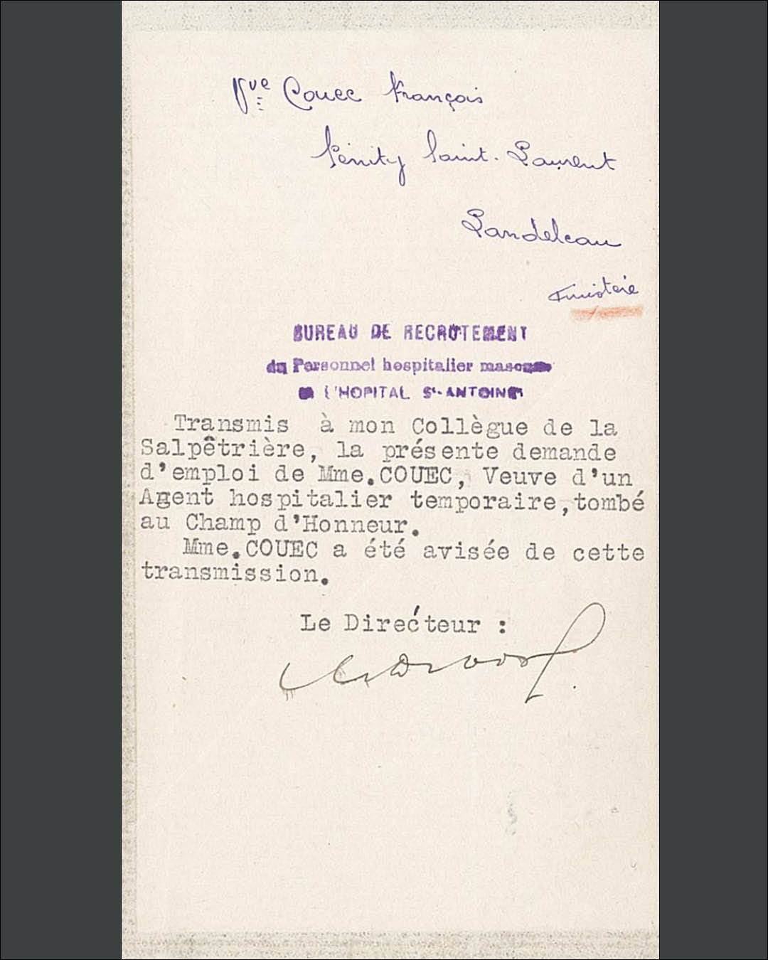 Lettre de Philomène Briand au directeur de l’hôpital Saint-Antoine concernant sa demande d’emploi, 10 octobre 1940 (PHM/201/11)