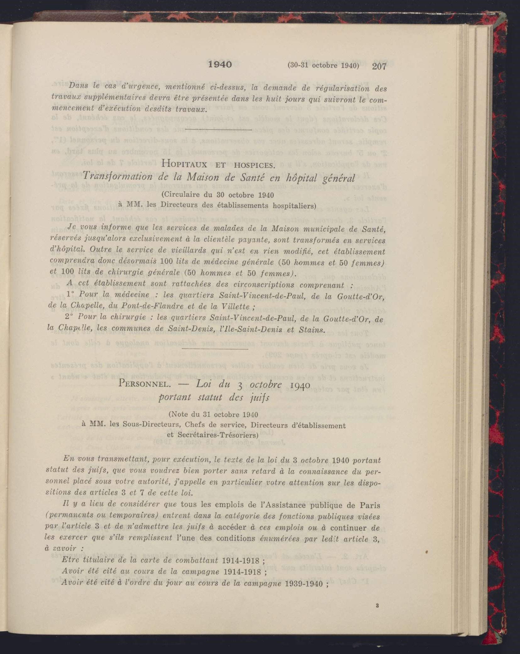 Recueil des arrêtés et circulaire, 31 octobre 1940 (Archives AP-HP, 1/J/24)