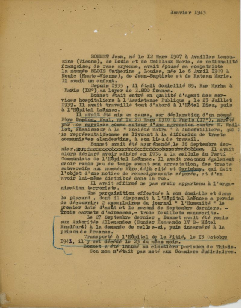 Dossier de Georges Bonnet, note interne récapitulant sa situation, janvier 1943 (213/W/3)