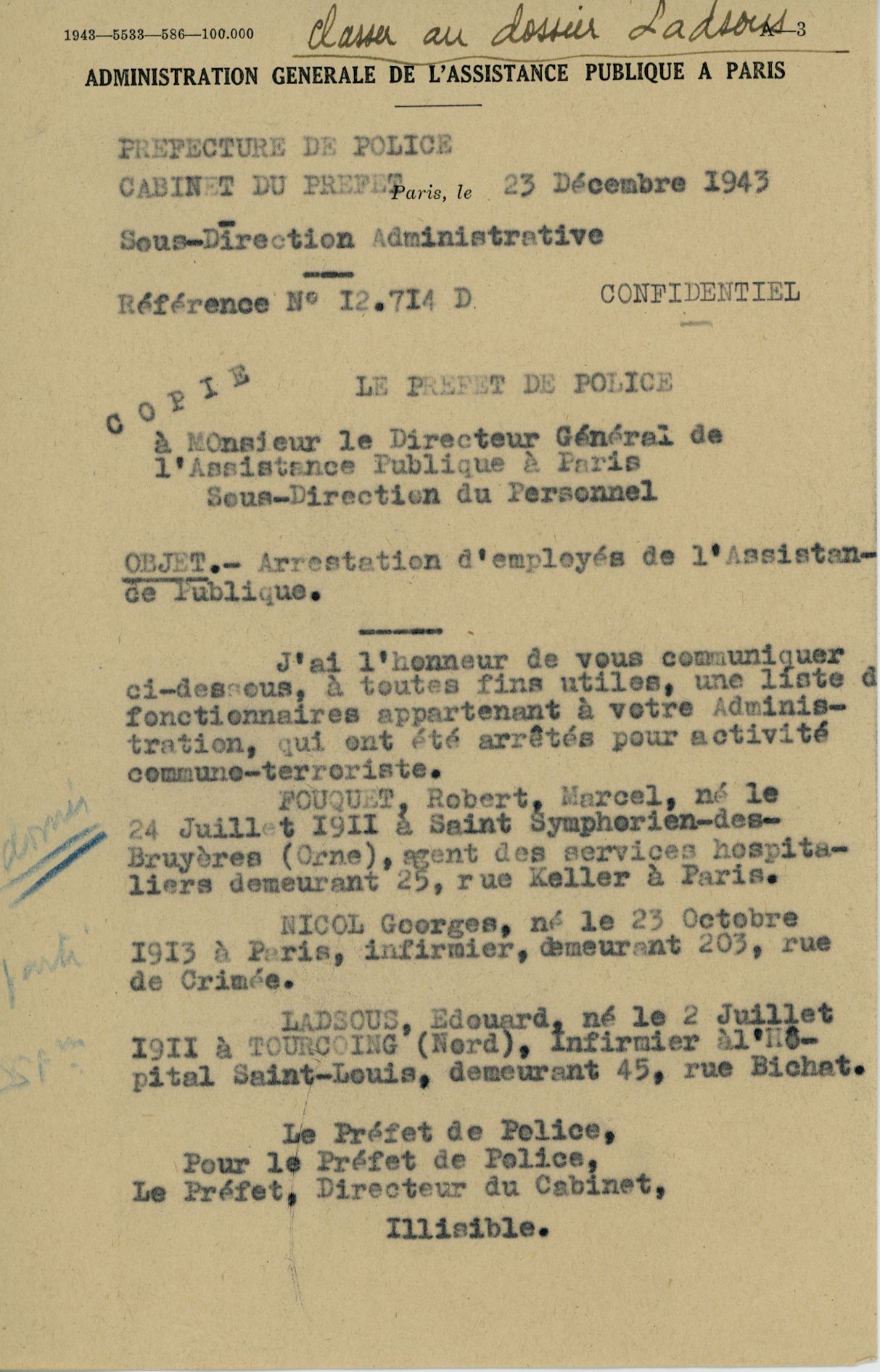 Note du préfet de police de Paris au directeur général de l’AP l’informant de l’arrestation de plusieurs de ses agents, 23 décembre 1943 (213/W/11, dossier d’Édouard Ladsous)