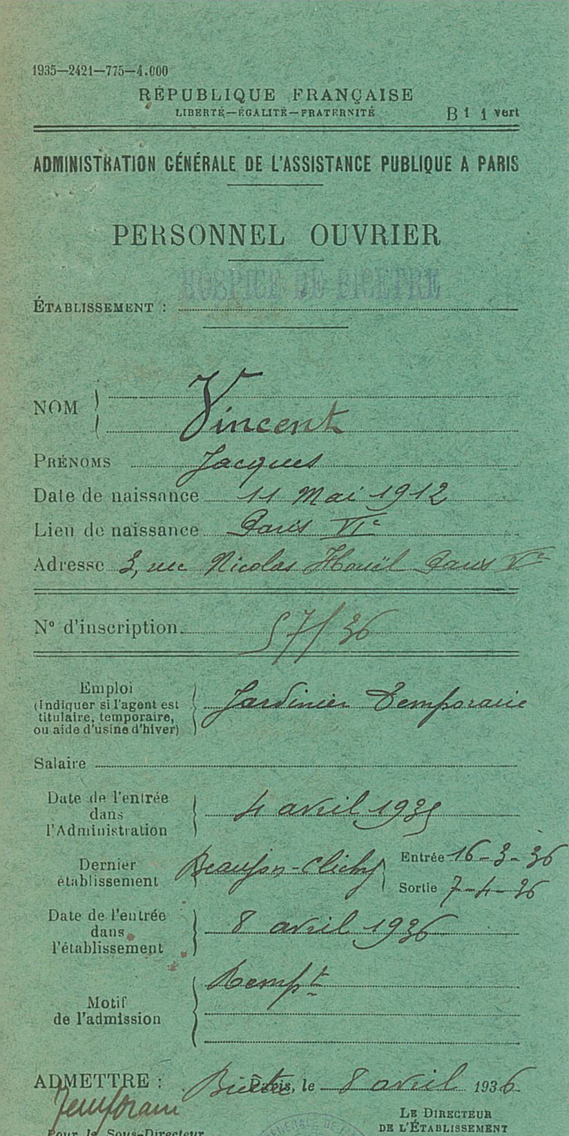 Fiche sur la situation administrative de Jacques Vincent, 9 octobre 1943 (Archives AP-HP, 213/W/22)