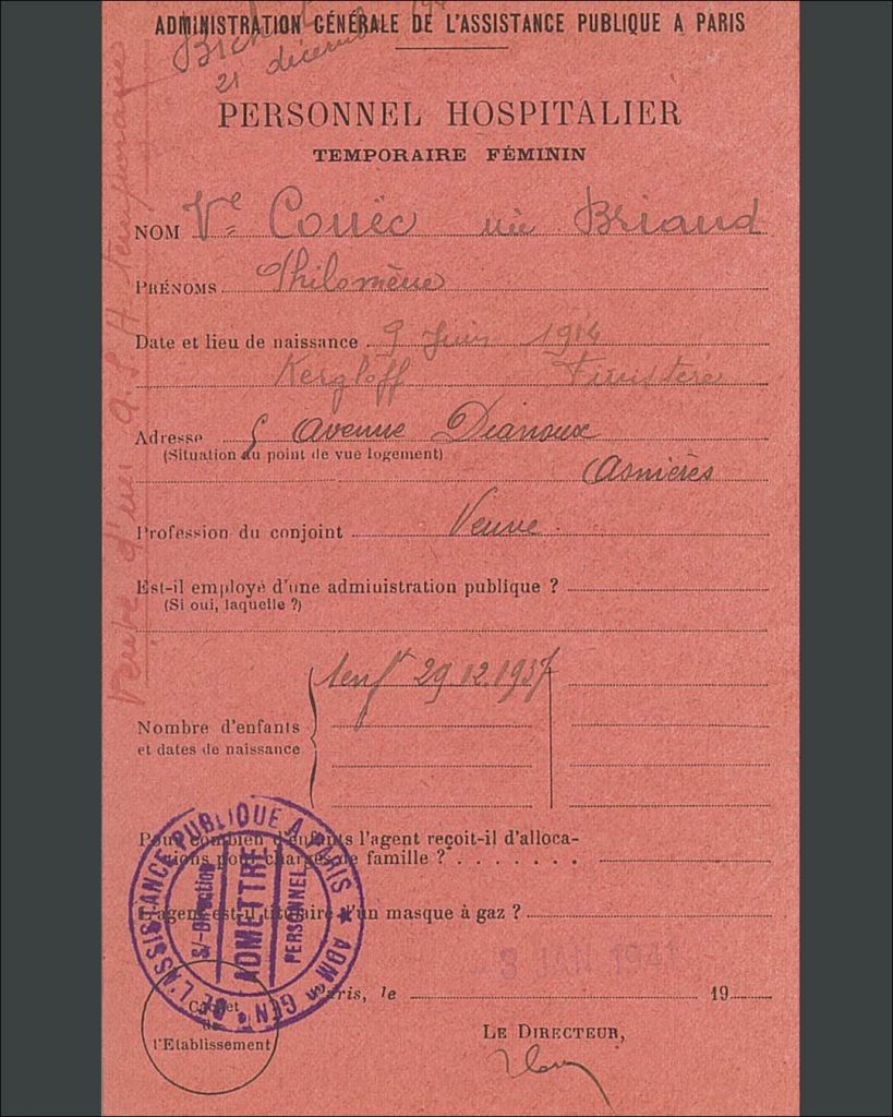 Fiche sur la situation administrative de Philomène Briand à l’hôpital Bichat, 3 janvier 1941 (Archives AP-HP, PHF/653/7)