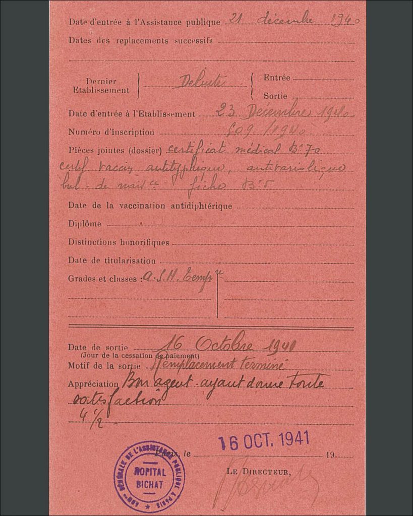 Fiche sur la situation administrative de Philomène Briand à l’hôpital Bichat, 3 janvier 1941 (Archives AP-HP, PHF/653/7)