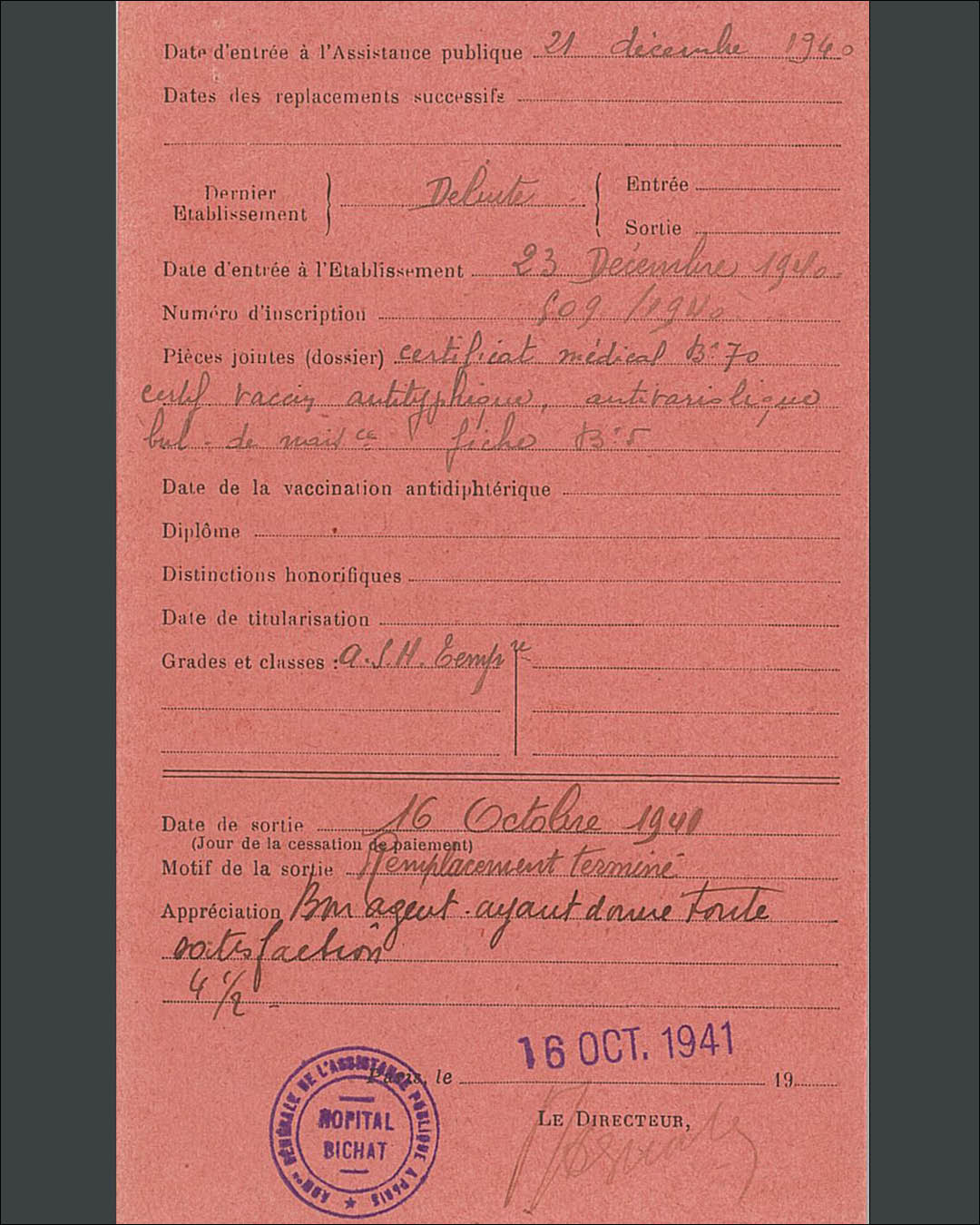 Fiche sur la situation administrative de Philomène Briand à l’hôpital Bichat, 3 janvier 1941 (Archives AP-HP, PHF/653/7)