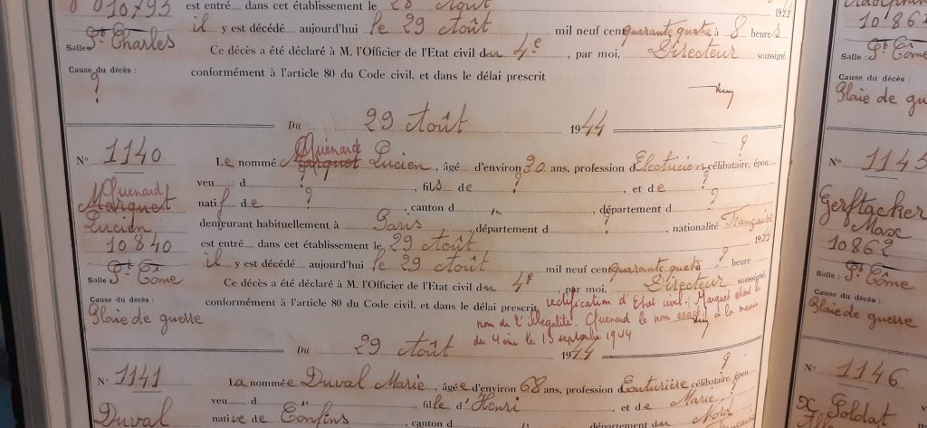 Déclarations de décès de Lucien Quénard alias Marquet du 29 août 1944 (Archives AP-HP, 523/W/50)