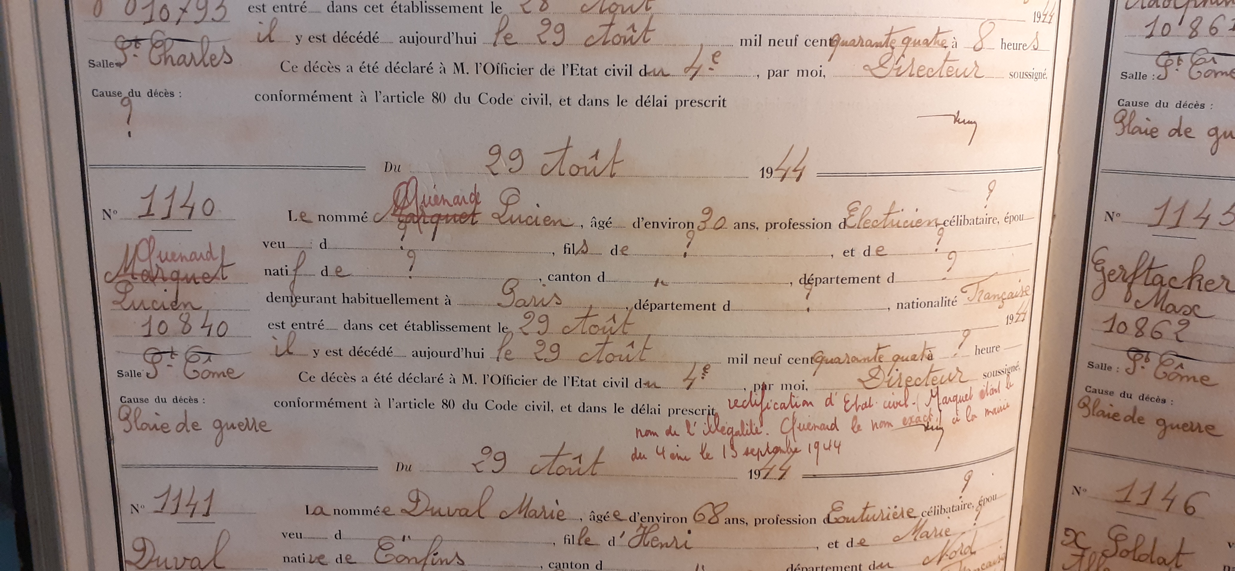 Déclarations de décès de Lucien Quénard alias Marquet du 29 août 1944 (Archives AP-HP, 523/W/50)