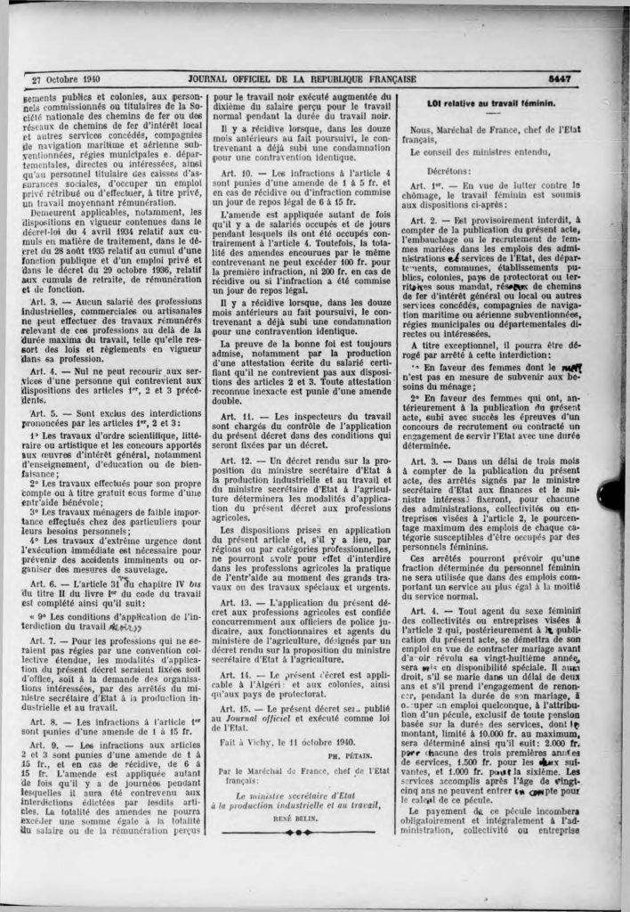 Loi du 11 octobre 1940 relative au travail féminin, Journal officiel du 27 octobre 1940