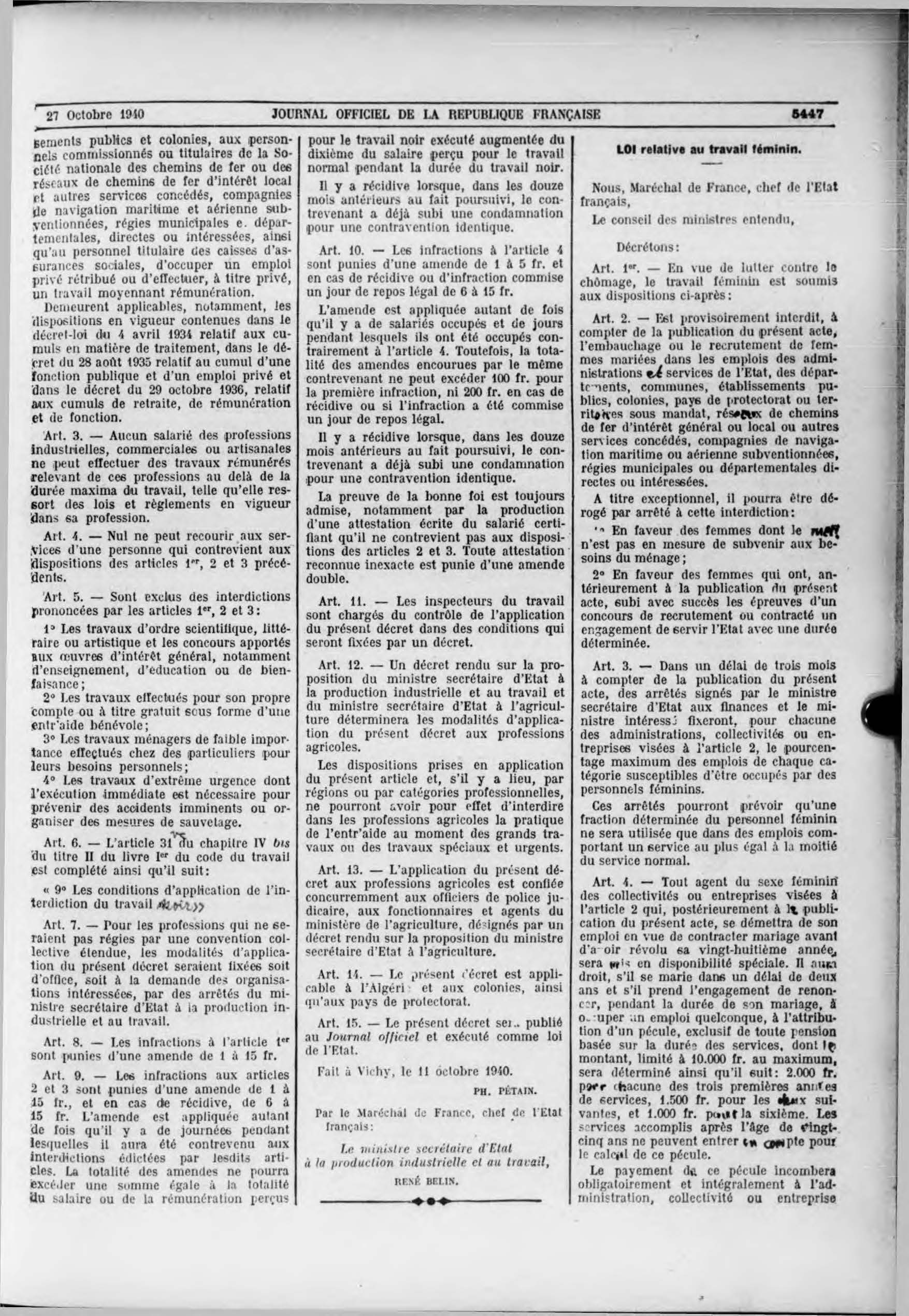 Loi du 11 octobre 1940 relative au travail féminin, Journal officiel du 27 octobre 1940