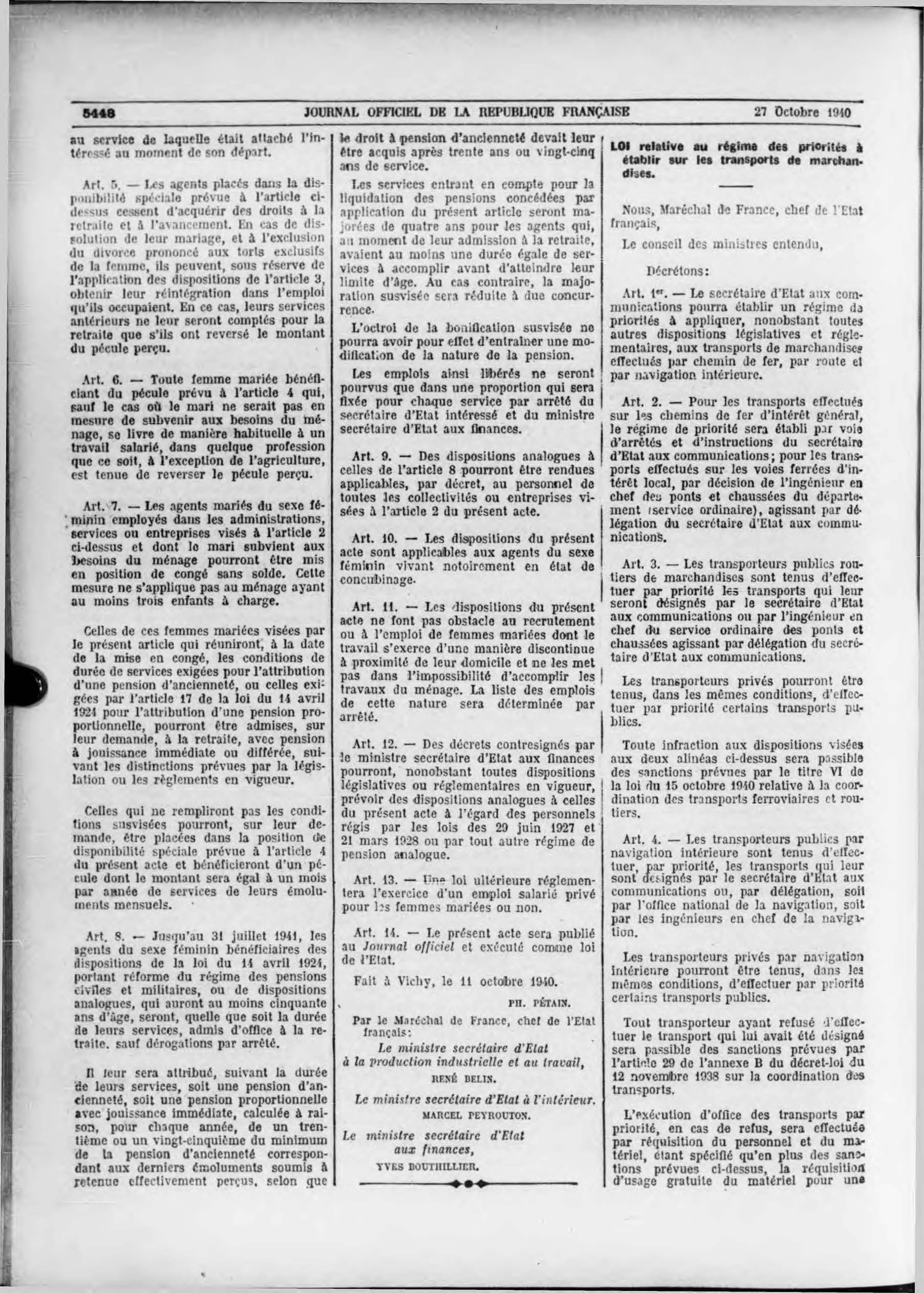 Loi du 11 octobre 1940 relative au travail féminin, Journal officiel du 27 octobre 1940