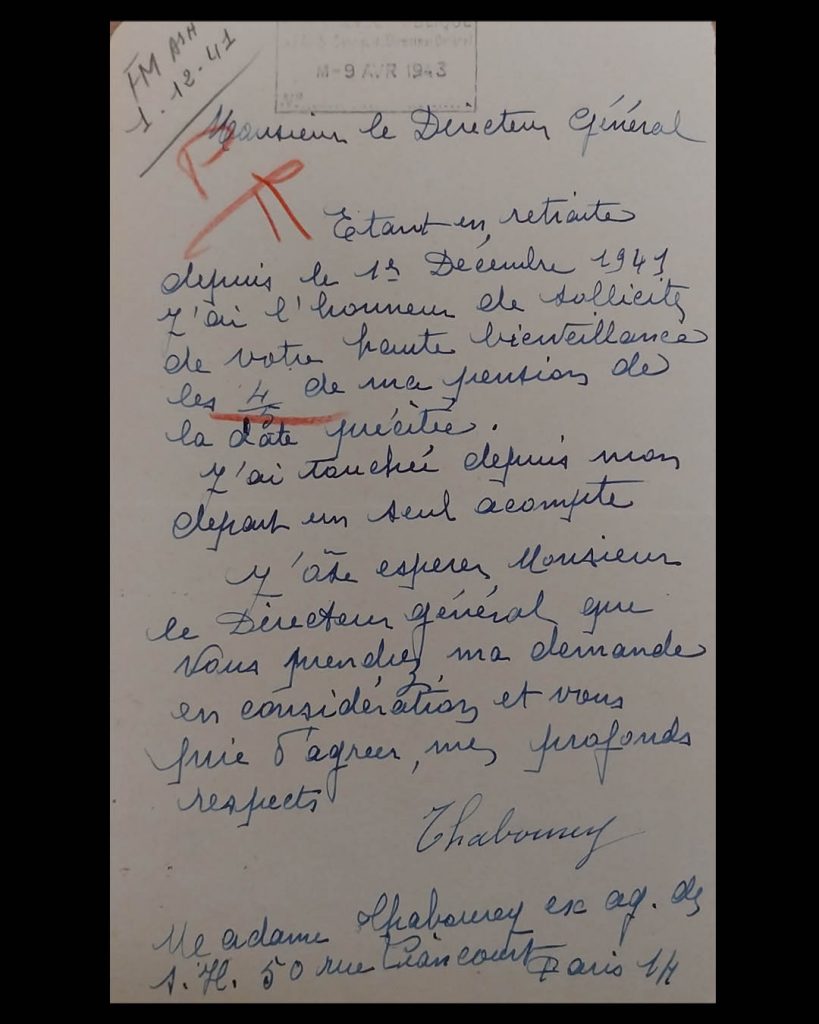 Lettre à l’administration réclamant les 4/5 de sa pension, avril et décembre 1943.