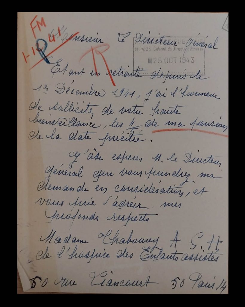 Lettres à l’administration réclamant les 4/5 de sa pension, avril et décembre 1943 (Archives AP(HP, 206/W/13/17)