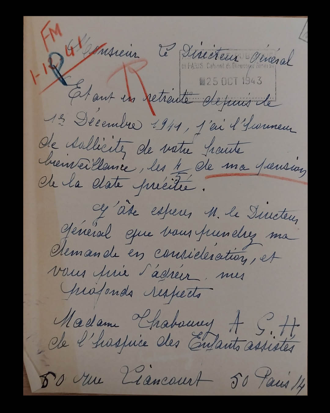 Lettres à l’administration réclamant les 4/5 de sa pension, avril et décembre 1943 (Archives AP(HP, 206/W/13/17)