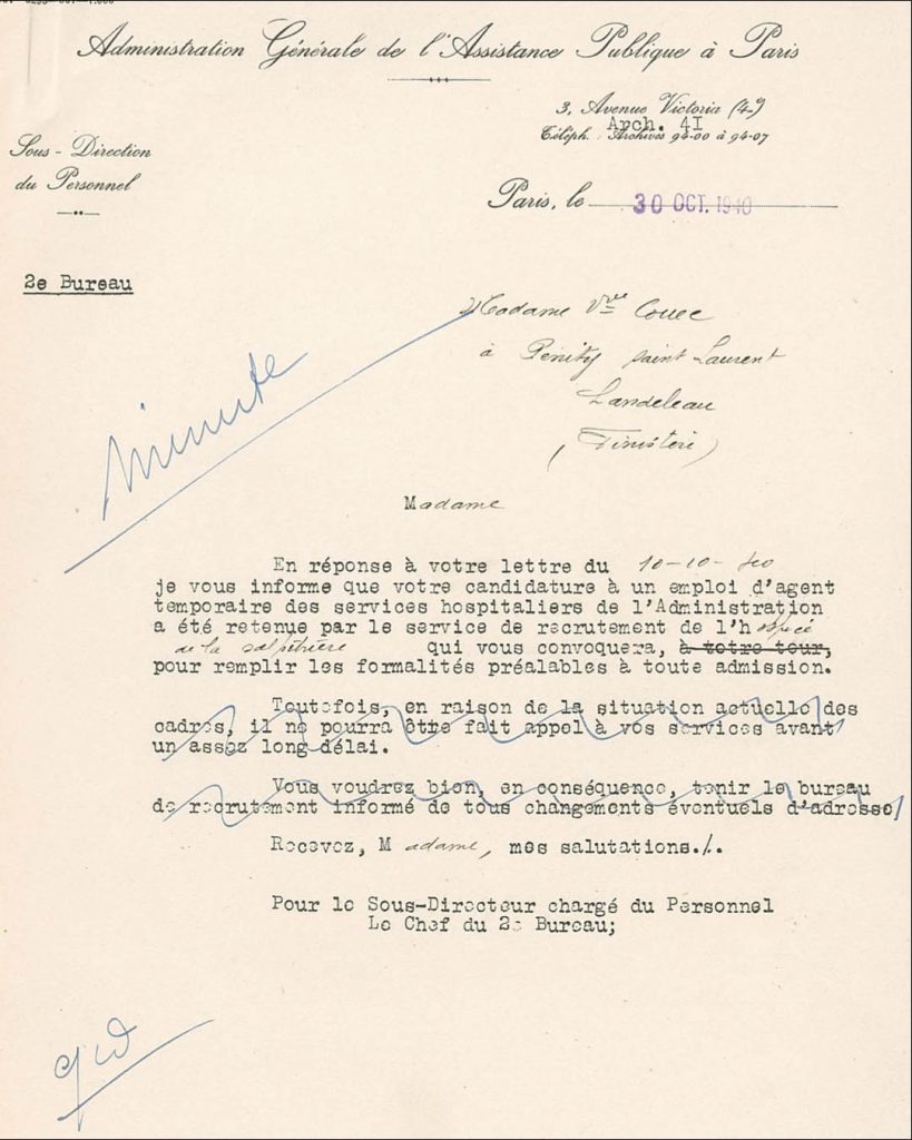 Réponse favorable de l’Assistance publique à la demande de Philomène Briand, 1940 (PHM/201/11)