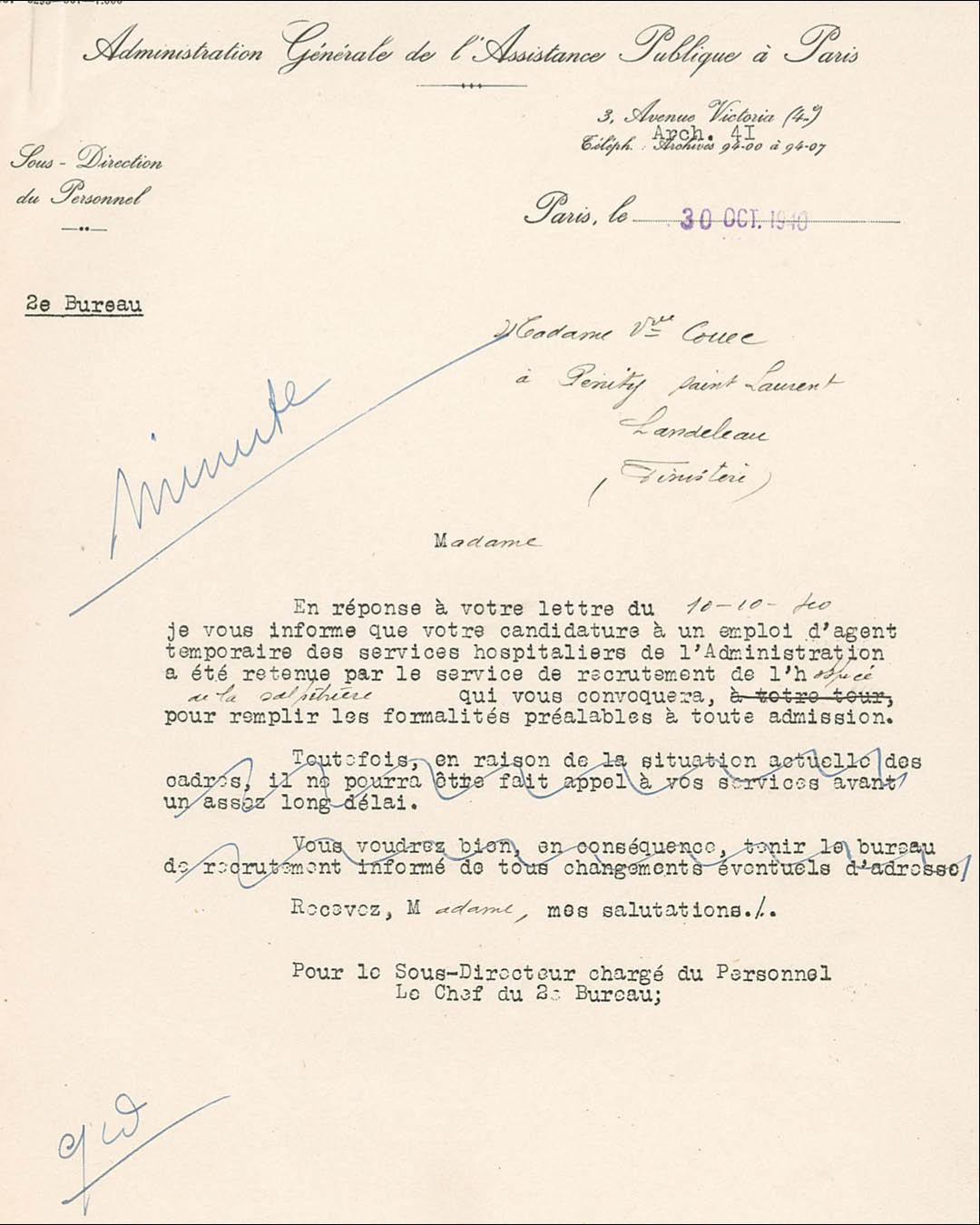Réponse favorable de l’Assistance publique à la demande de Philomène Briand, 1940 (PHM/201/11)