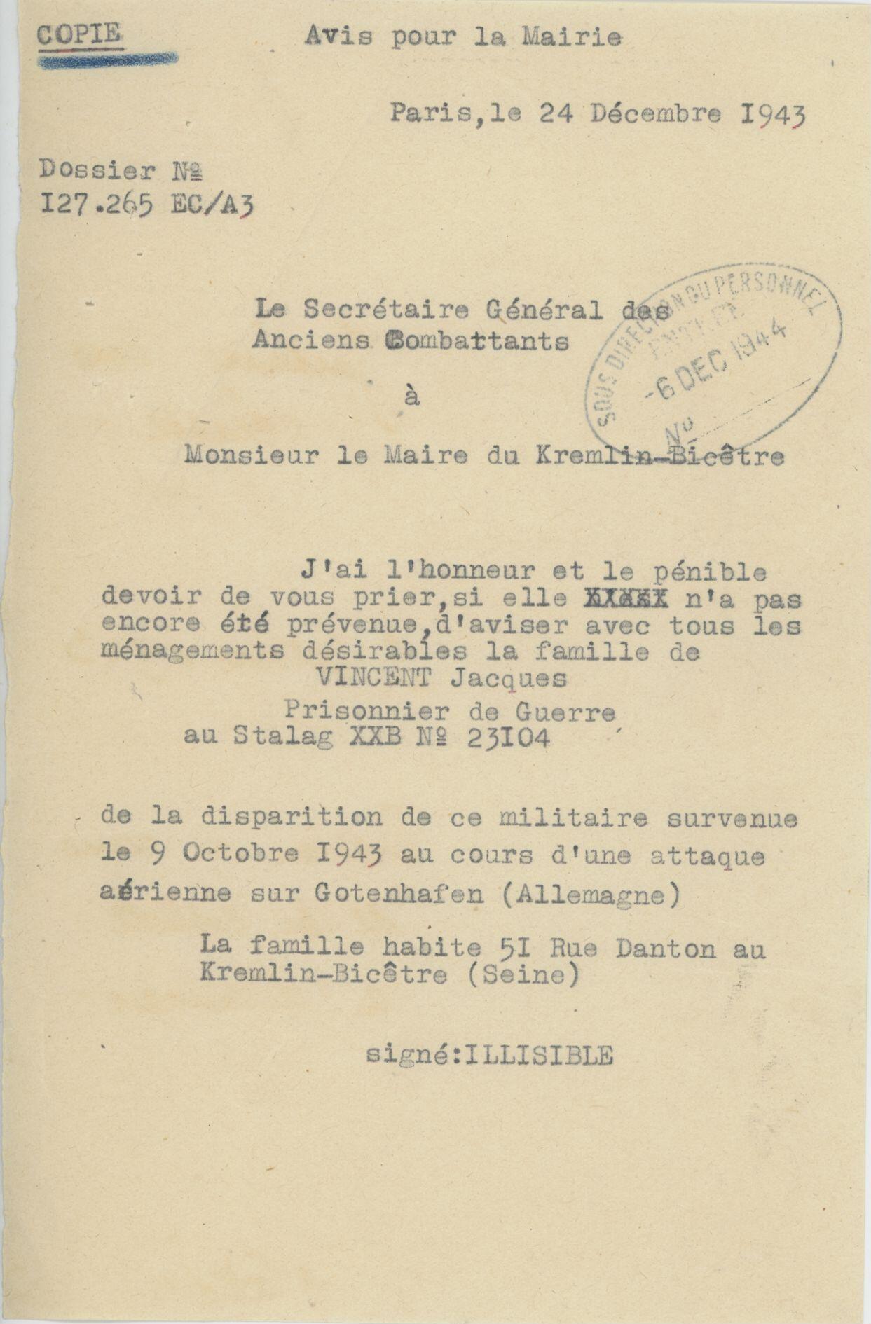 Lettre du secrétaire général des anciens combattants au maire du Kremlin-Bicêtre au sujet du décès de Jacques Vincent, 24 décembre 1943 (Archives AP-HP, 213/W/22)