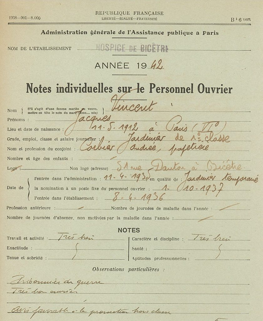 Note individuelle de Jacques Vincent pour l’année 1942 (Archives AP-HP, 213/W/22)