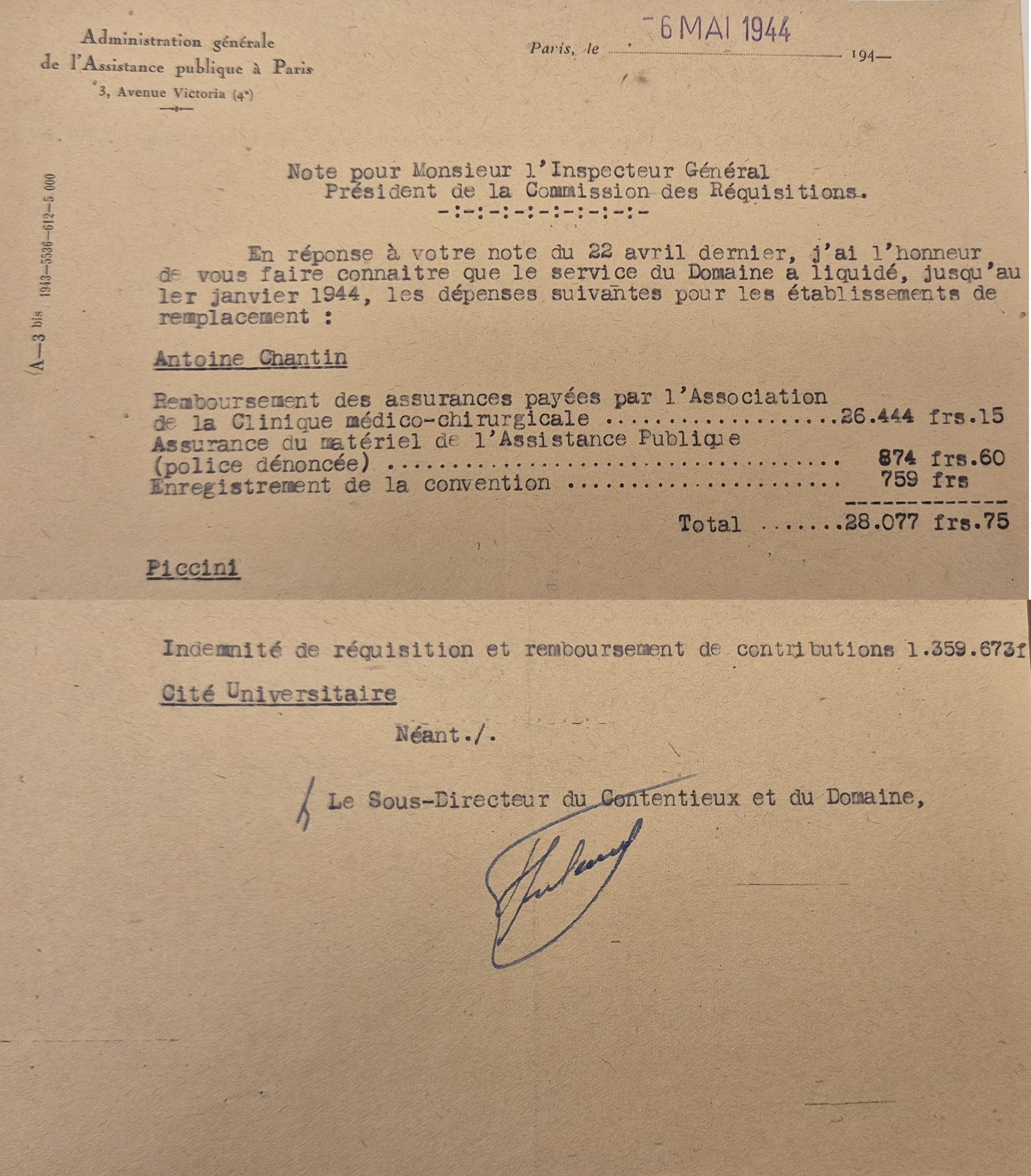 Note attestant la liquidation des dépenses engendrés pour les établissements réquisitionnés par l’Assistance publique, 6 mai 1944 (Archives AP-HP, 600/FOSS/30)
