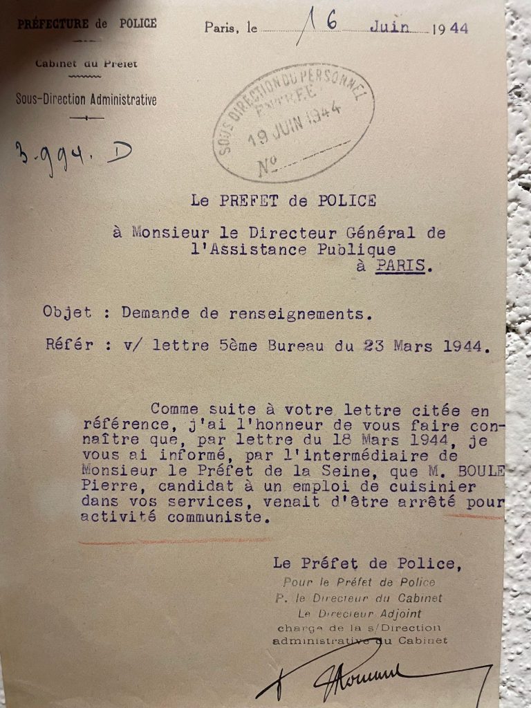 Lettre du préfet de police au directeur général de l’Assistance publique relative à l’arrestation de Pierre Boule, 16 juin 1944 (Archives AP-HP, PO/79/7)