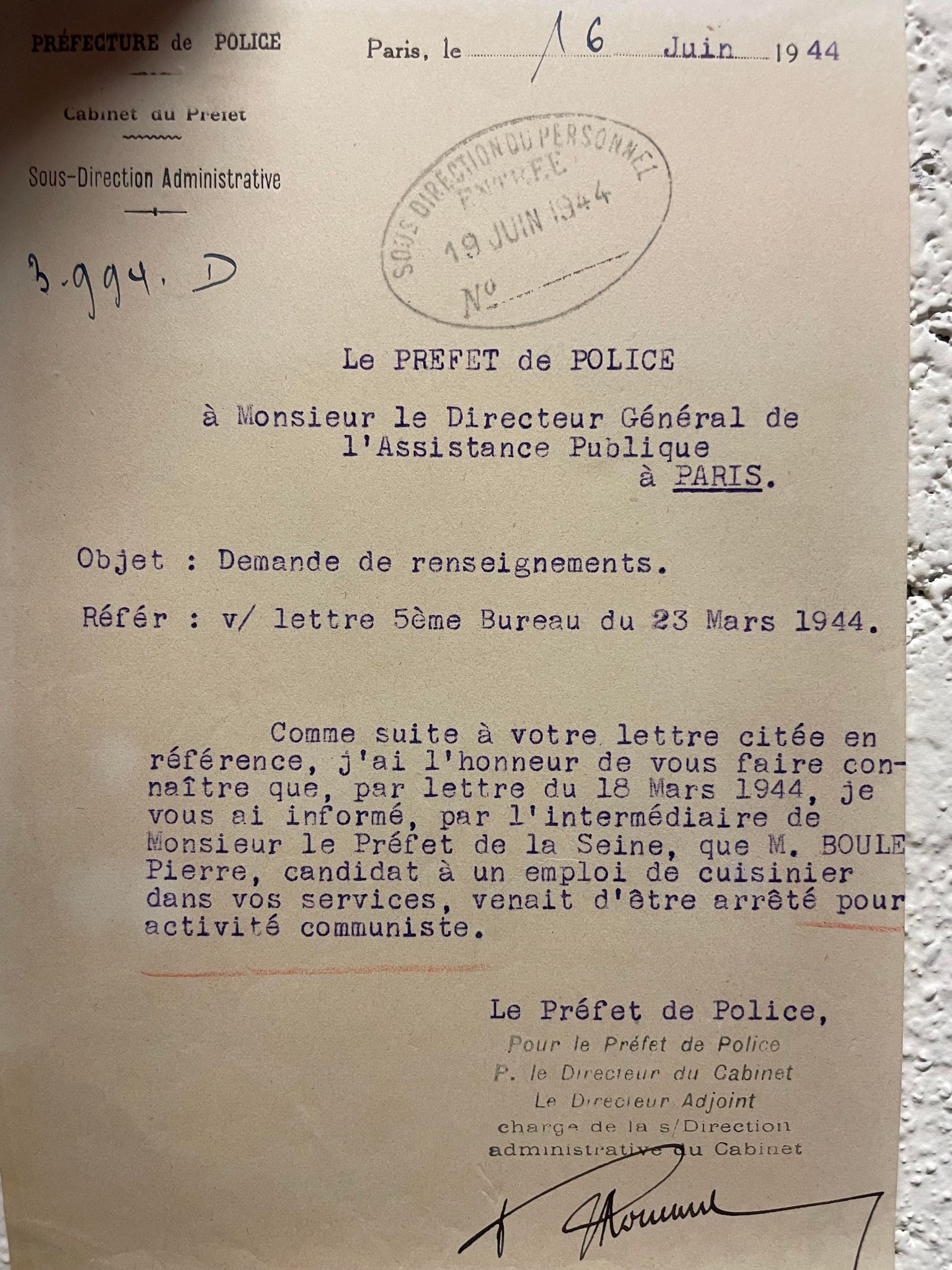 Lettre du préfet de police au directeur général de l’Assistance publique relative à l’arrestation de Pierre Boule, 16 juin 1944 (Archives AP-HP, PO/79/7)