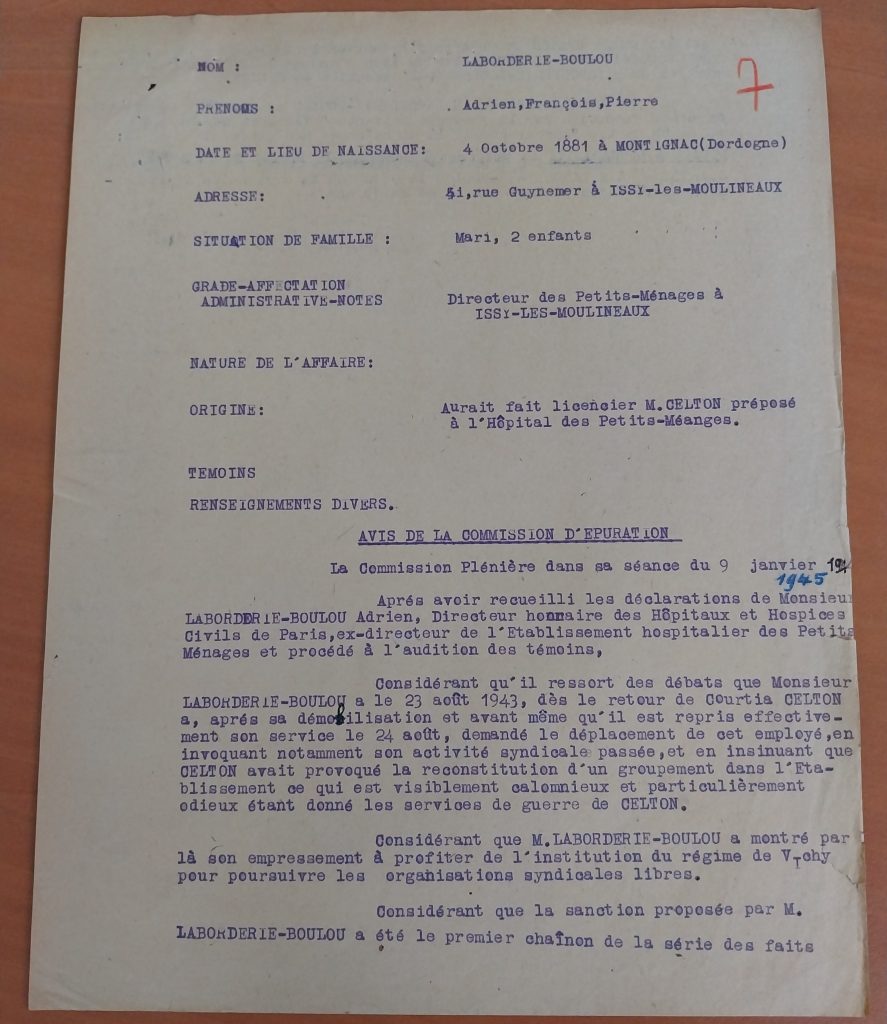 Procès-verbal de la séance de la commission d’épuration du 9 janvier 1945 : audition de M. Laborderie-Boulou, ex directeur de l’hospice des Ménages. (805/FOSS/8)