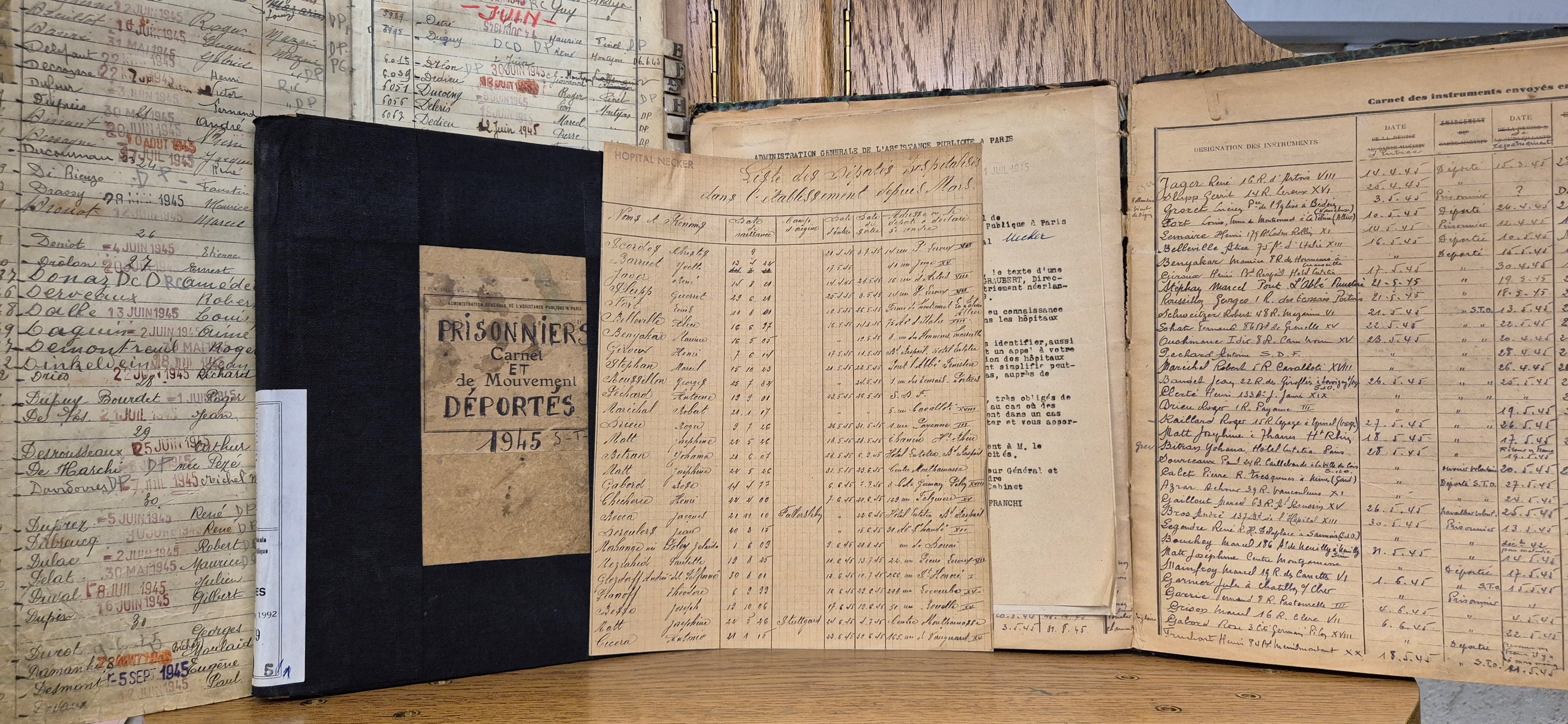 Répertoires et registres des déportés et prisonniers reçus dans les hôpitaux de la Salpêtrière, Necker et Claude-Bernard, 1944-1946 (Archives AP-HP, 1762/W/64, 641/W/207, 210, CLB/1/Q/5/1)