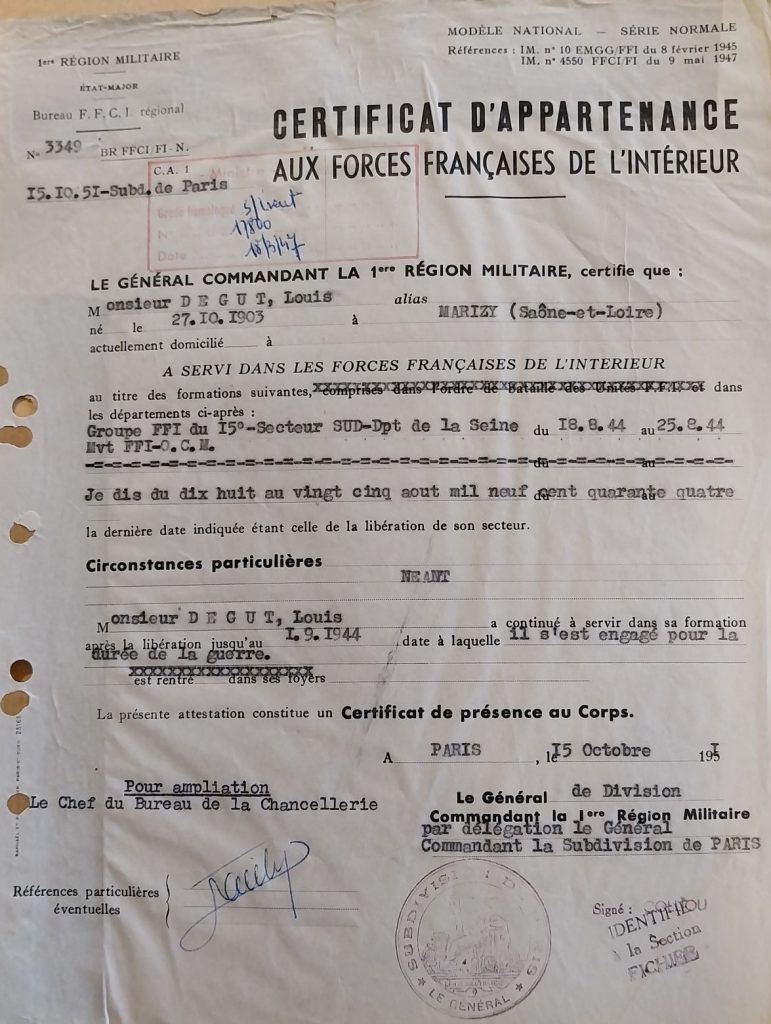 Certificat d’appartenance aux Forces françaises de l’intérieur, 15 octobre 1951 (Archives SHD de Vincennes, GR 16 P 165842).