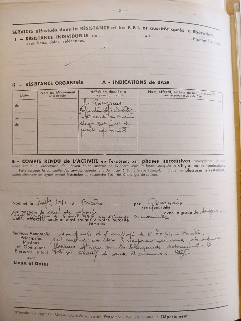 Certificat de chef de groupe FTP de René Diot, mentionnant son groupe d’employés à l’hospice de Bicêtre, conservé dans le dossier du SHD Vincennes (cote GR 16P 186255)