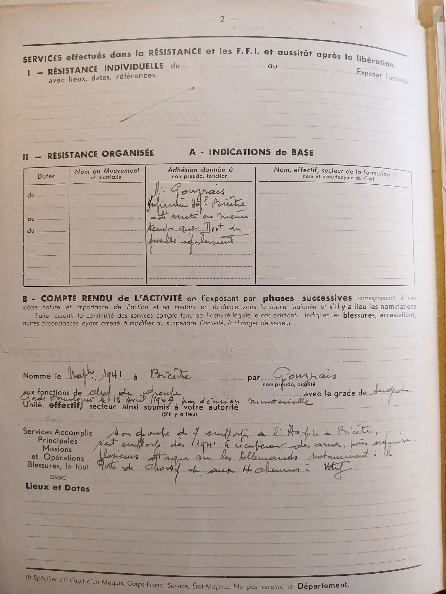 Certificat de chef de groupe FTP de René Diot, mentionnant son groupe d’employés à l’hospice de Bicêtre, conservé dans le dossier du SHD Vincennes (cote GR 16P 186255)