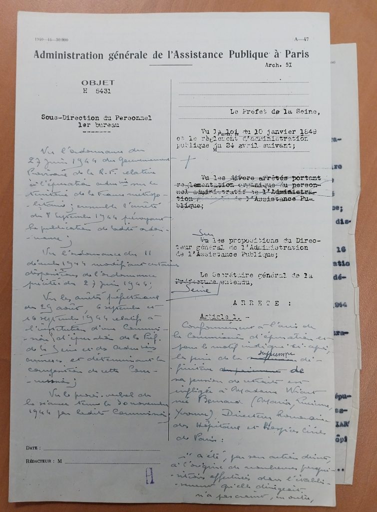 Minute de l’arrêté préfectoral révoquant Yvonne Wiart avec suspension définitive de sa pension, [janvier 1945]