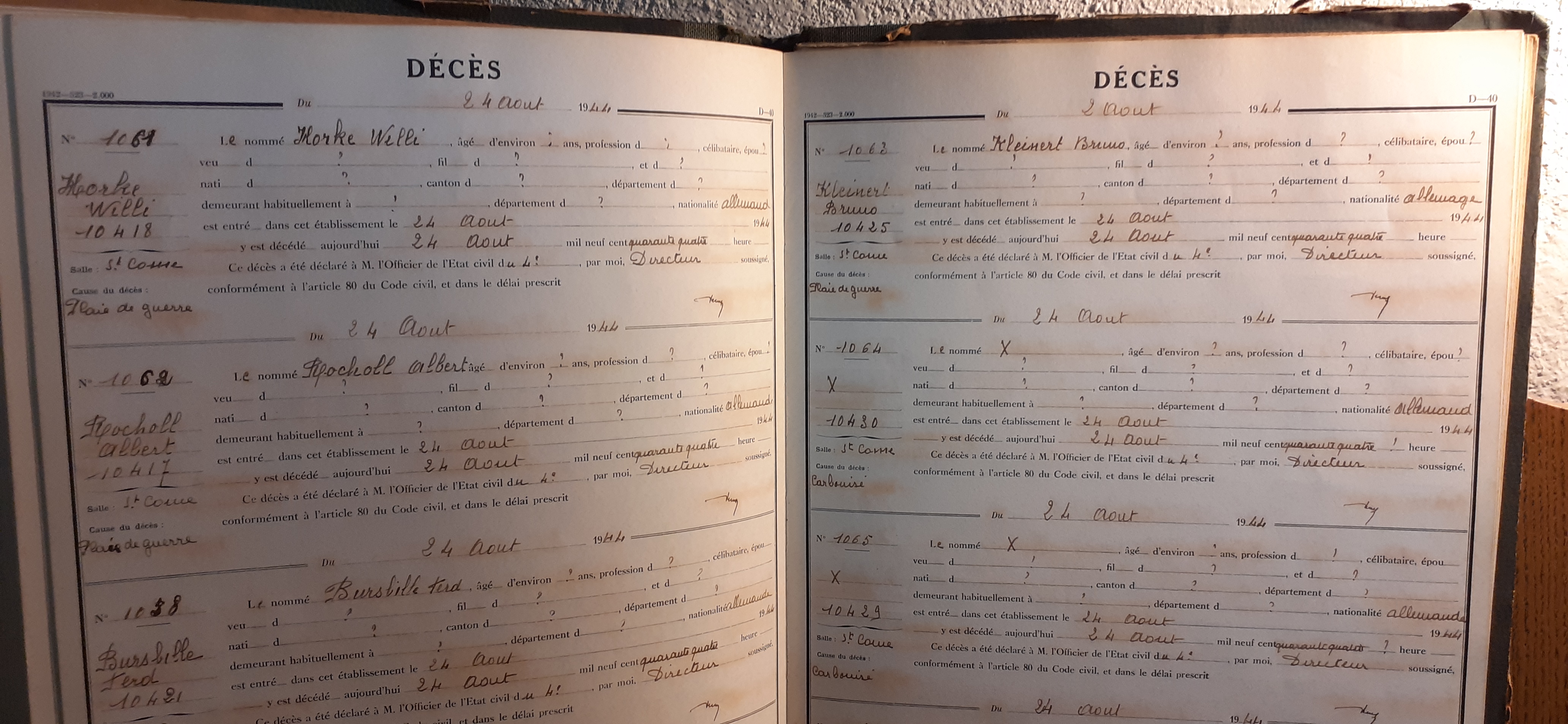 Déclarations de décès du registre de l’Hôtel-Dieu du 6 janvier au 7 décembre 1944 (Archives AP-HP, 523/W/50)